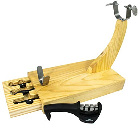 Fackelmann Set Soporte Jamonero con Cajón Extraíble con función de Tabla de Cortar, Incluye Cuchillo Jamonero, Chaira de Afilado y Cuchillo Auxiliar y Afilador de Cuchillos Nirosta 3 Pasos