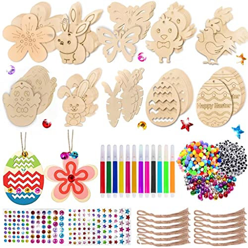 Holzanhänger Ostern Zum Bemalen, 264 Stück Ostern Basteln Kinder,Osterdeko Basteln Kinder,Osteranhänger Holz,Bastelset Ostern Kinder,Mit Aquarellstift,Strass,Deko Schnur, Augen Zum Basteln