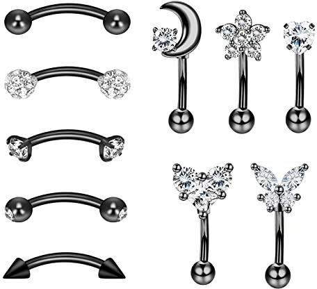 Longbeauty 16G Chirurgenstahl Bananabells Gebogen Barbell Piercing Zirkonia Lippen Augenbrauen Labret Septum Bauch Ring 8MM Stablänge, 10 Pcs, Schwarz