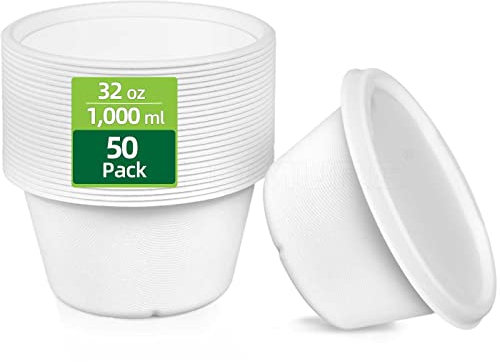 HOMURG 1000ml Large Compostable Party Paper Bowl with Lid, 32 oz Biodegradable Disposable Food Storage Containers with Lids, Microwave & Freezer Safe Takeaway Stackable Meal Prep Lunch Box 50 Pack