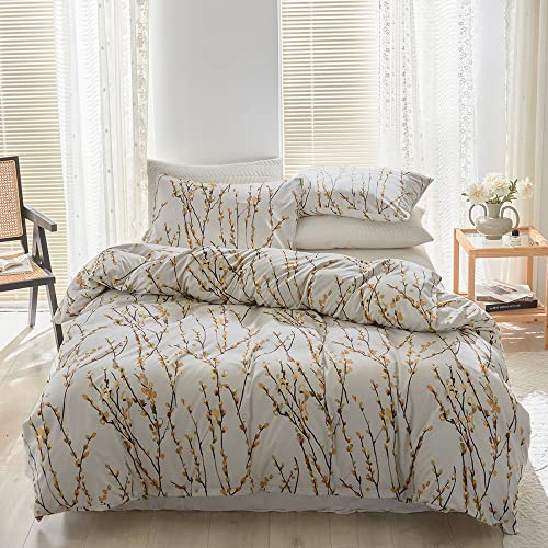 Damier Bettwäsche 200x220 Blumen Muster Weiß Gelb Bettbezug Set Weich Flauschig Mikrofaser Bettwäsche 3 Teilig Blumenmotiv Pflaumenblüte Deckebezug mit Reißverschluss und 2 Kissenbezüge 80x80 cm