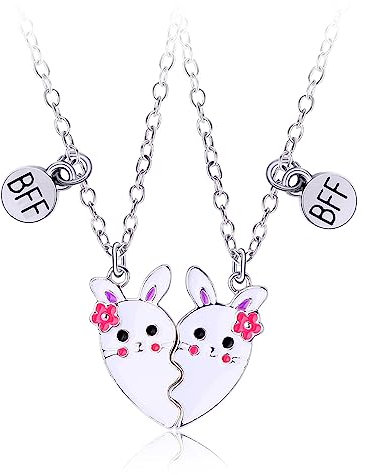 Hifot 2 Stück Halskette Damen Silber Freundschaftskette, Bff Ketten für 2 Mädchen, Kette Herz Anhänger, Kaninchen Halskette Lang für Frauen Freundin Geschenk Personalisierter Schmuck