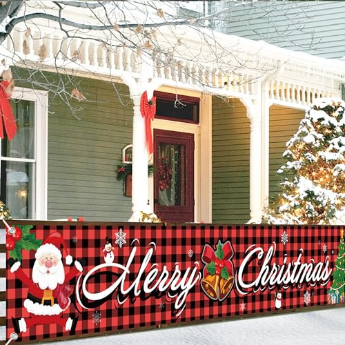 Frohe Weihnachten Banner, Merry Christmas Banner, Weihnachtsbanner Outdoor Indoor, Weihnachts Türdeko für Weihnachtsfeier Deko, Neujahr Party 50 * 300cm (Englisch-Rot)