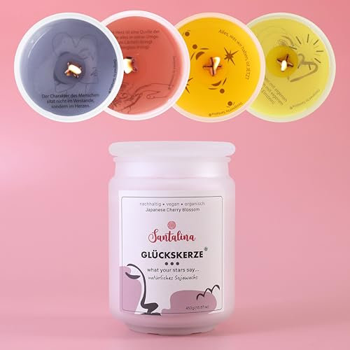 Japanese Cherry Blossom Duftkerze – Glückskerze mit zufälliger Botschaft | zart-blumig & feminin, inspiriert von fernöstlicher Harmonie | 450g Sojawachs im Glas, Brenndauer ca. 45 Std
