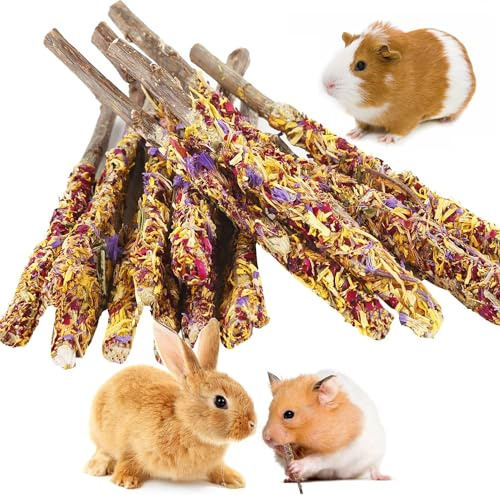 Abizoo Bunny Chew Toys for Rabbits,18PCS Natural Apple Wood Sticks with Petals Good for Chinchillas Guinea Pig Hamster Teeth Care, Bunny Pops Small Pet Treats Teething Toys| Natural Organic Safe