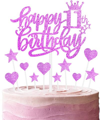 Happy 11th Birthday Cake Toppers, Hot Pink Cake Cupcake Toppers for Cake, Glitter Heart Stars Cake Toppers, Birthday Gift, Personalised Cake Toppers for Women Girls 11th Birthday Cake Decorations