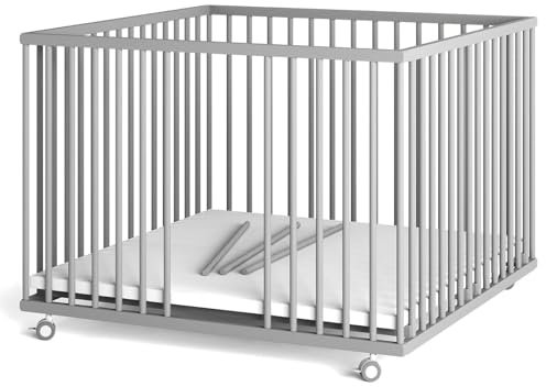 Sämann Laufstall Baby mit 3 Schlupfsprossen | TÜV geprüft | stufenlos höhenverstellbar | Laufgitter Premium | Babybett aus Holz | Krabbelgitter (grau, 100x100 cm)