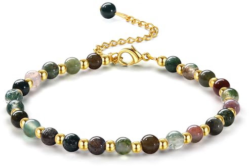 Adramata Perlen Armband für Damen 5MM Naturstein Armbänder 3MM Edelstahl Perlenarmbänder Verstellbare Vergoldete Armband Edelsteine Boho Armband Perlenarmband Damen Schmuck mit Geschenkbox