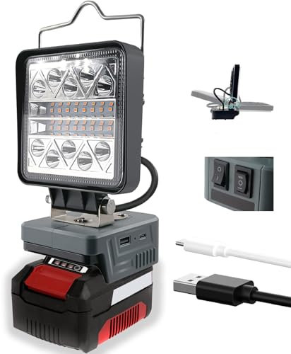 TPDL Akku Lampe Für Einhell 18V Power X-Change, Arbeitsleuchte Schnurloser mit USB A & Type-C Anschluss, 180° Drehbarer LED Strahler 6 Modi Helligkeit, Baustellen Lampe(18V, 1800lm, 33m Leuchtweite)