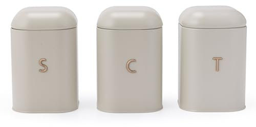 Salter Pebble Canister Set - 3 Piece Countertop Set, Tea Coffee Sugar Storage Tins, Brass Effect Lettering, Kitchen Worktop Containers for Dry Goods, Powder Coated Carbon Steel Caddies, Stone