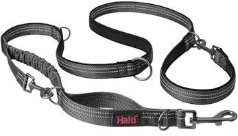 HALTI Anatomy Multifunktionsleine – Doppelführleine mit Zwei Karabinern und Ruckdämpfer, ideal zum Gassigehen & Hundetraining. Reflektierend & leicht. Geeignet für Welpen (Größe S, Grau)