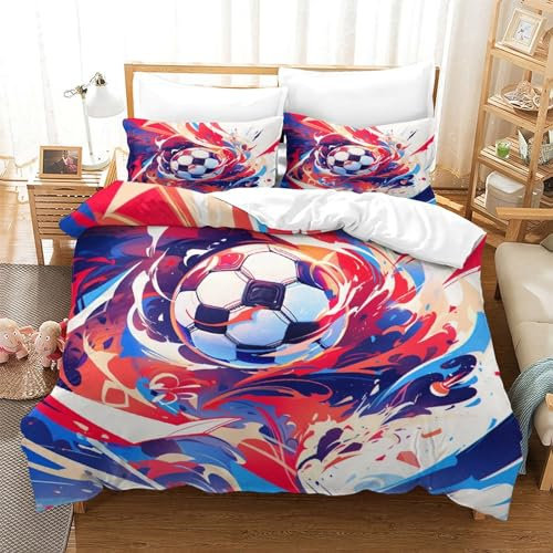 DCABEIOOE Fußball 3D Print Betten Motiv Bettwäsche Set Bettwäsche Set Bettbezug Und Kissenbezug Mit Reißverschluss Kinder Bettwäsche Single(140x200cm)
