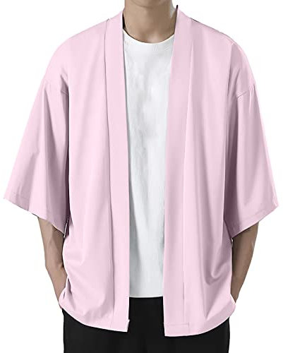 Vecchi Maglioni di Lana Uomo Solido Spalla Goccia Kimono Giacca Aperta Frontale Cardigan Mantello Giacca Uomo Leggera Multi Tasche, rosa, 3XL