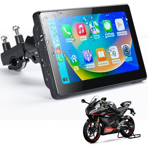 Motorcycle Carplay Screen Wireless Carplay Android Auto 7 IPS Touchscreen Portable Car Stereo Accessories,Dual Bluetooth Connect Music Helmet,Siri Support,Outdoor Waterproof Carplay for Motorbike