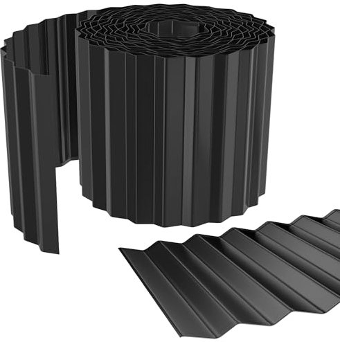SUBTLETY 10m Verzinkt Metall Rasenkante Roll Flexible Beeteinfassung 15cm Höhe Gartendekorativ Beetumrandung Palisade Schneckenzaun Mähkante für Gartenrasen, Baumschule (Schwarz)