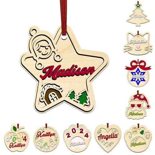LINMQIU Personalisiertes Weihnachtsornament aus Holz mit Namen, 2024 personalisierter Weihnachtsbaumschmuck, Weihnachtsdekoration zum Aufhängen, Weihnachtsanhänger (Fünfzackiger Stern)