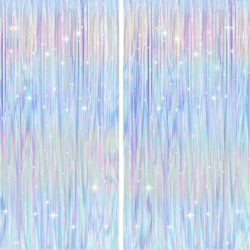 jijAcraft Iridescent Metallic Tinsel Curtains: 2pcs Glitter Tinsel Foil Fringe Curtains, 1 x 2m Rainbow Backdrop Curtain, Party Streamers Curtain Decoration for Birthday Wedding Ocean-Themed Party