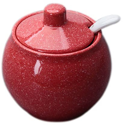 BYALORTEX Sugar Bowl,Ceramic Sugar Bowl, Solid Color Sugar Bowl with Lid, Cute Porcelain Sugar Pot with Spoon, Small Salt Pot-red-10x7x10cm(Red)