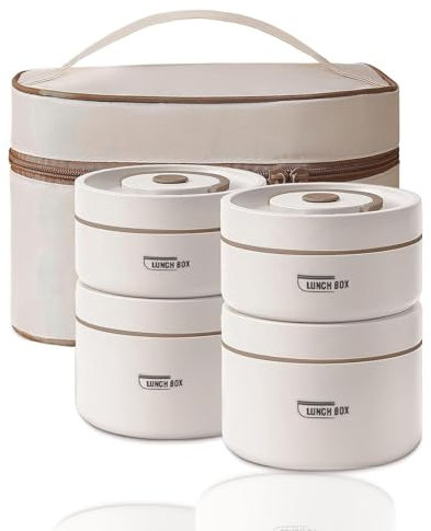 Sightday 4 Stück Thermo Lunchbox Edelstahl Mit Tasche,Thermobehälter Für Essen,Auslaufsicher Essen Warmhalten Behälter für Zuhause,Büro,Picknick(Beige-2 * 440ml&2 * 600ml)