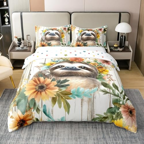 Homewish Faultier Bettwäsche 135X200 Baumwolle Kinder, Langsames Faultier Bettbezug Niedlich Für Mädchen Jungen, Graubraun Ästhetische Blumen Bett Set, Mit 1 Kissenbezug Holzbrett Dekor, Weiche