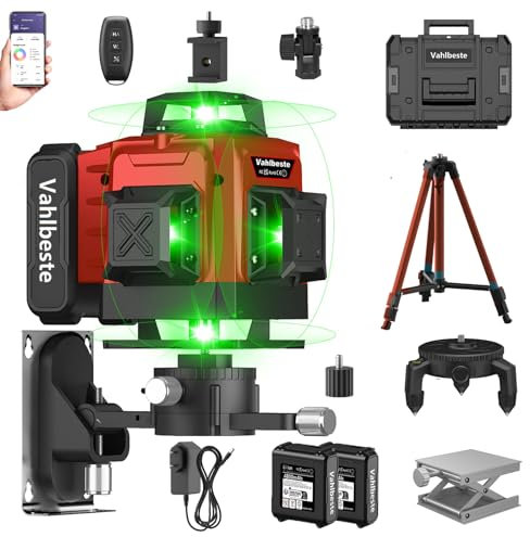 Vahlbeste Niveau Laser avec Trepied 4 x 360°, 4D 16 Lignes Laser Chantier avec 2 x 4800mAh Batterie & Affichage LED, Niveau Laser 360 Autonivelant, APP, Télécommande, IP54 Étanche et Anti-Poussière