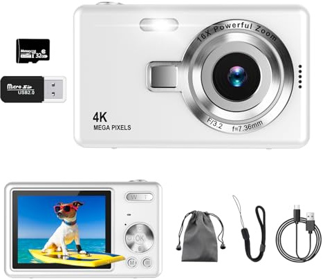 Digitalkamera, UHD 4K 50MP Kamera Fotoappara mit 32GB SD-Karte, 16X Digitalzoom, Wiederaufladbarer Akku, Tragbare Vlog Kamera für Kinder Teenager Student Anfänger (Weiß)