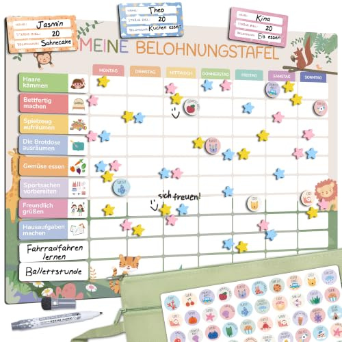 BIROYAL Belohnungstafel Kinder - [100 Aufgaben + 350 Magnete] - Belohnungssystem Kinder - Belohnungstafel Kind s ab 4 - Montessori Magnettafel - Wochenplaner, Adhs Hilfsmittel - inkl. Tasche, Stift