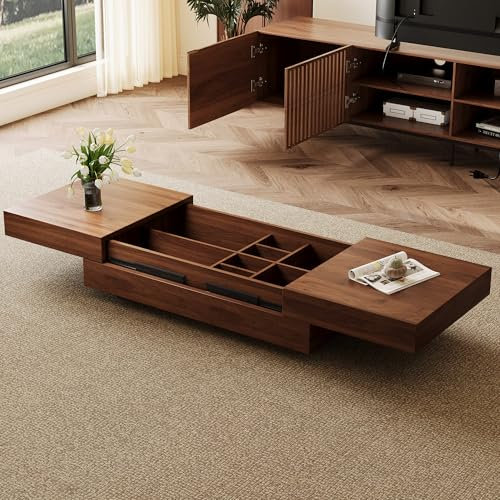 Expandable Coffee Table with Storage for Living Room Walnut Finish 120 to 208 cm Hidden Compartments Extendable