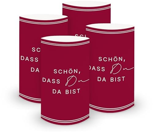 itenga 6X Windlicht Tischlicht „Schön, DASS du da bist“ V3 – Ø 6 cm x H 10 cm – aus Stabiler lichtdurchlässiger Folie – 13 Farben – Tischdeko für Hochzeit, Taufe, Geburtstag, Feier (Bordeaux rot)