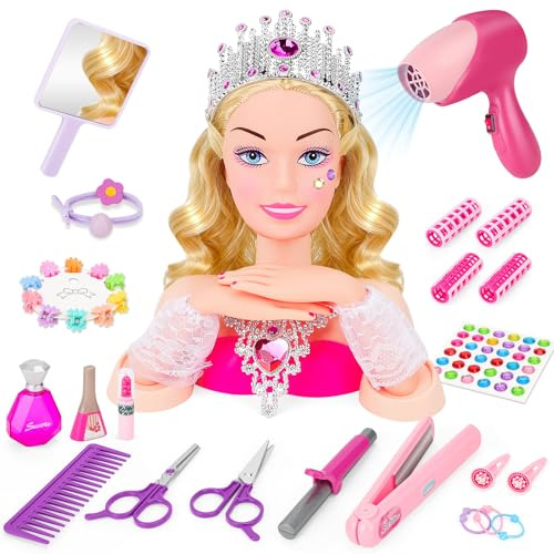 deAO Doll Head Hair Styling Makeup Toy Set for Girls Kids Pretend Play Styling Kit with Curling Iron Hairdryer Crown Birthday for 3-6+ Years Old