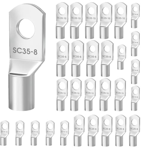 30 pezzi 16 mm² M8 capicorda tubolari 25 mm² 35 mm² M10, capicorda M8 M10 terminali tubo non isolato, cavo elettrico rotondo con occhiello in rame stagnato per Marine Automotive Industriale, argento