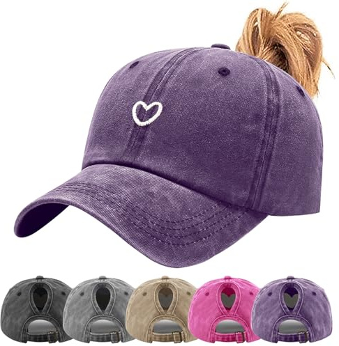 Tiakay Pferdeschwanz Baseball Cap mit Herzförmiges Stickmuster Damen Verstellbare Baseballkappe Vintage Mützen Sonnenschutz Basecap Mit Zopf Loch Verstellbarer Sonnenhut Camping-Wanderhut