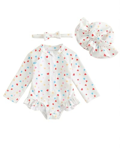 UV Badebekleidung Baby Neugeborene Badeanzug Mädchen Gr 62-98, Langarm UV Kleidung Baby UV Shirt Mit Hut & Stirnband, Kleinkinder UV Anzug Schwimmanzug Schutz