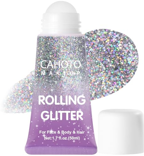 CAHOTO Silver Roll-on Glitter, Shimmer Gel for Face Body & Hair | Sparkling Holographic Rolling for Adult Singer Concert Rave Festival Halloween Party Carnival, 1.7 fl oz