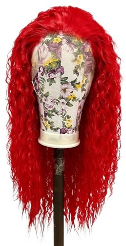 Rote, lockere, lockige Lace-Front-Perücken, vorgezupfte, leimlose, lange Wasserwellen-Synthetik-Perücke for modische Frauen Flauschigs und Natürlich(24 inch)