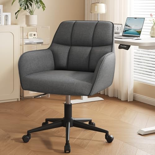 YOUDENOVA Schreibtischstuhl, Drehstuhl mit Rollen, Schminkstuhl Höhenverstellbar, Homeoffice Stuhl, Bürostuhl Ergonomisch, Vanity Chair für Mädchen Arbeitszimmer Schlafzimmer Büro, Leinen Dunkelgrau