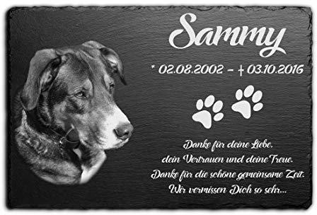 CHRISCK design Grabplatte Hund und Katze aus Schiefer mit Gravur & Foto - Wetterfester Gravurschutz! - Katzen & Hunde Gedenkstein mit Bild & Motiven - Grabstein Tiergrabstein draußen 30x20 cm