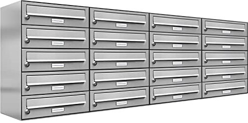 AL Briefkastensysteme 20er Briefkastenanlage Edelstahl, Premium Briefkasten DIN A4, 20 Fach Postkasten modern Aufputz