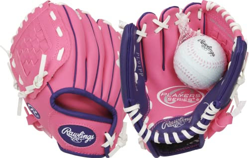 Rawlings Unisex – Erwachsene Series T-Ball & Youth Baseball Glove | Sizes 9-11.5 | Multiple Styles Players PL91SR-0/6 Baseballhandschuh für Jugendliche, 22,9 cm, Pink/Lila mit Kugel, 9 | Ages 3-5