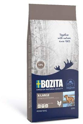 Bozita XL Trockenfutter für große Hunderassen. Dieses nachhaltig produzierte Trockenfutter aus Schweden wird mit frischem Huhn und antioxidativen Hagebuttenmehl hergestellt. Sparpack: 2 x 12 kg.