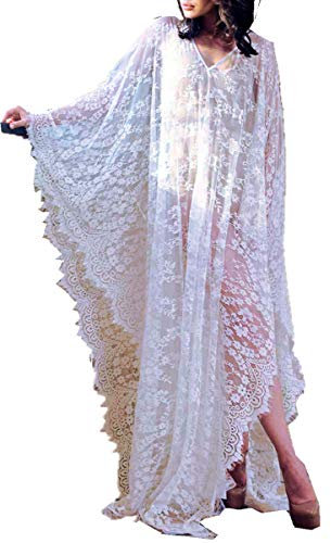 YouKD Bata de Encaje para Mujer Vestido Transparente Boho Loose Kaftan Bikini de Playa Encubrir Vestidos