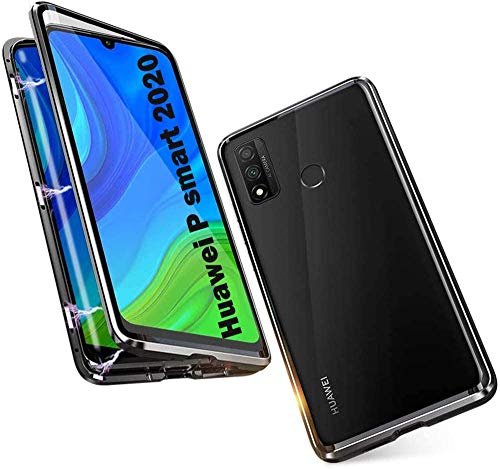 Hkess Hülle für Huawei P Smart 2020 Handyhülle Starke Magnetische Adsorption Metallrahmen Case 360 Grad Schutzhülle Transparente Vorne und Hinten Vollbild Gehärtetes Glas Metall Flip Cover,Schwarz