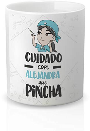Yujuuu! | Taza personalizable con nombre | Taza cerámica para regalo original Profesión Enfermera. RESISTENTE 100% al microondas y lavavajillas. (Diseño 06) Frase cuidado que pincha