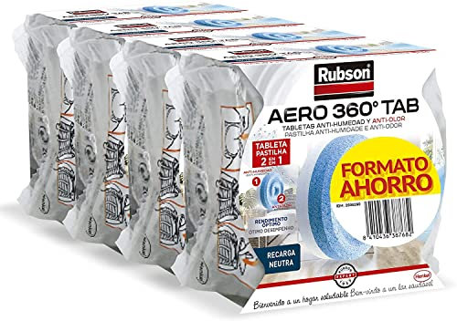 Rubson AERO 360° Tabletas de recambio de olor neutro, absorbe humedad y neutraliza malos olores, recambios Rubson para deshumidificador AERO 360º (4 x 450 g)