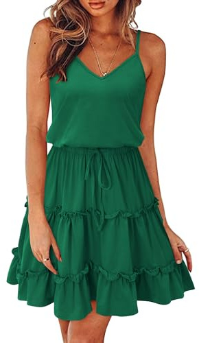 Newshows Sommerkleid Damen Knielang Spaghettiträger Kleid V-Ausschnitt Strandkleider