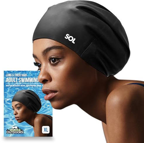 SOL 1pk Long Thick Hair Adult Swimming Caps XL Black Silicone Waterproof Swim Hat for Men, Women, Kids, Ladies Great for Dreadlocks, Weaves, Extensions, Afros & Curls, Perfect for Water Activities