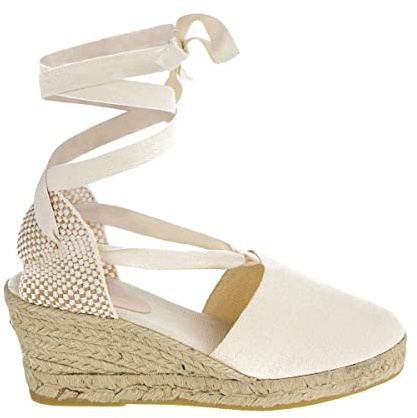 PAYMA - Sandalias Clásicas Cuñas de Esparto Yute de Mujer con Cintas al Tobillo. Hechas en España. Esparteras de Altura Media. Planta Acolchada en Tela. Atadas al Tobillo. Color: Beige, Talla: EU 37