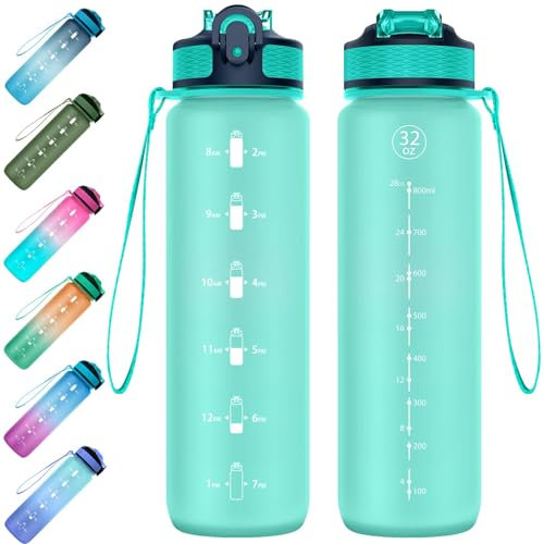 EYQ 1L Trinkflasche, Sportwasserflasche mit Stroh, Tritan BPA Free Water Flasche mit Zeitmarker für die Schule im Outdoor -Sport im School Fitnessstudio