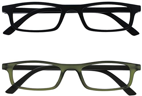 OPULIZE Ted Reading Glasses 2 Pack Narrow Matt Lightweight Frame Black Transparent Khaki Spring Hinges Scratch Resistant Mens Womens RR17-16 +3.50