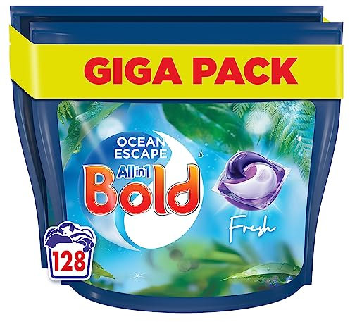 Bold All-in-1 PODS, Washing Liquid Detergent Tablets / Capsules 128 Washes (64X2) Ocean Escape, Washing Detergent For Brilliant Cleaning With Built-In Fabric Softener